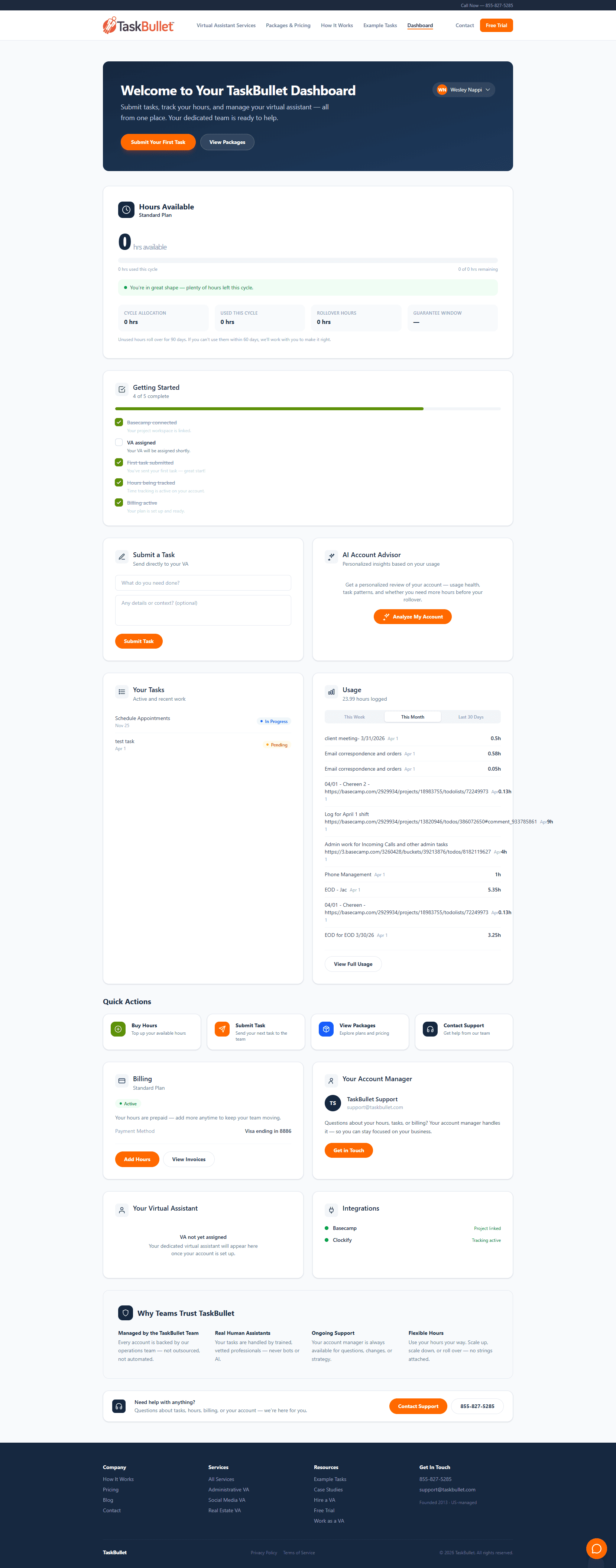 TaskBullet client dashboard showing hours tracking with 90-day rollover countdown, intelligent onboarding checklist, inline task submission to Basecamp, real-time usage history with filterable time entries, billing status, dedicated virtual assistant card, Basecamp and Clockify integrations, and AI-powered account advisor — the complete Flexible Hour Virtual Assistant Model experience