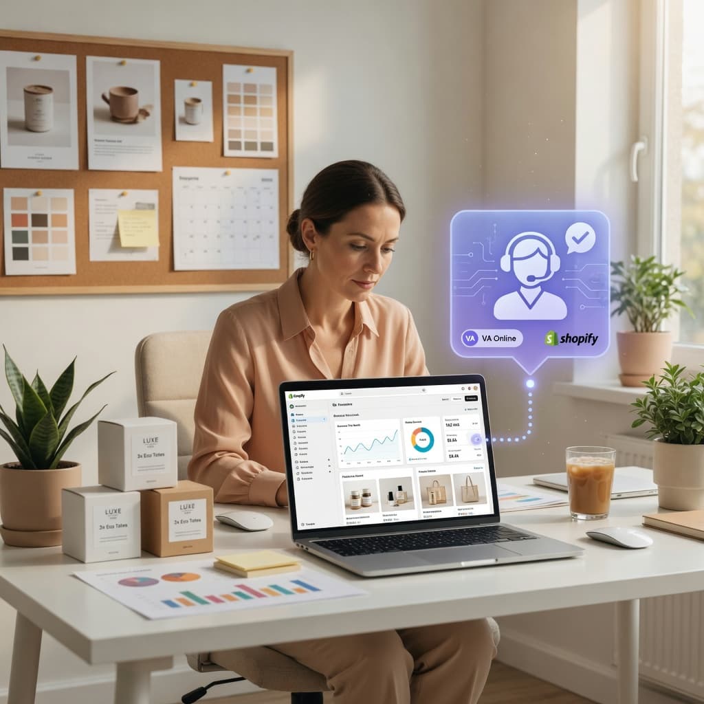 Entrepreneur collaborating with ecommerce virtual assistant on Shopify