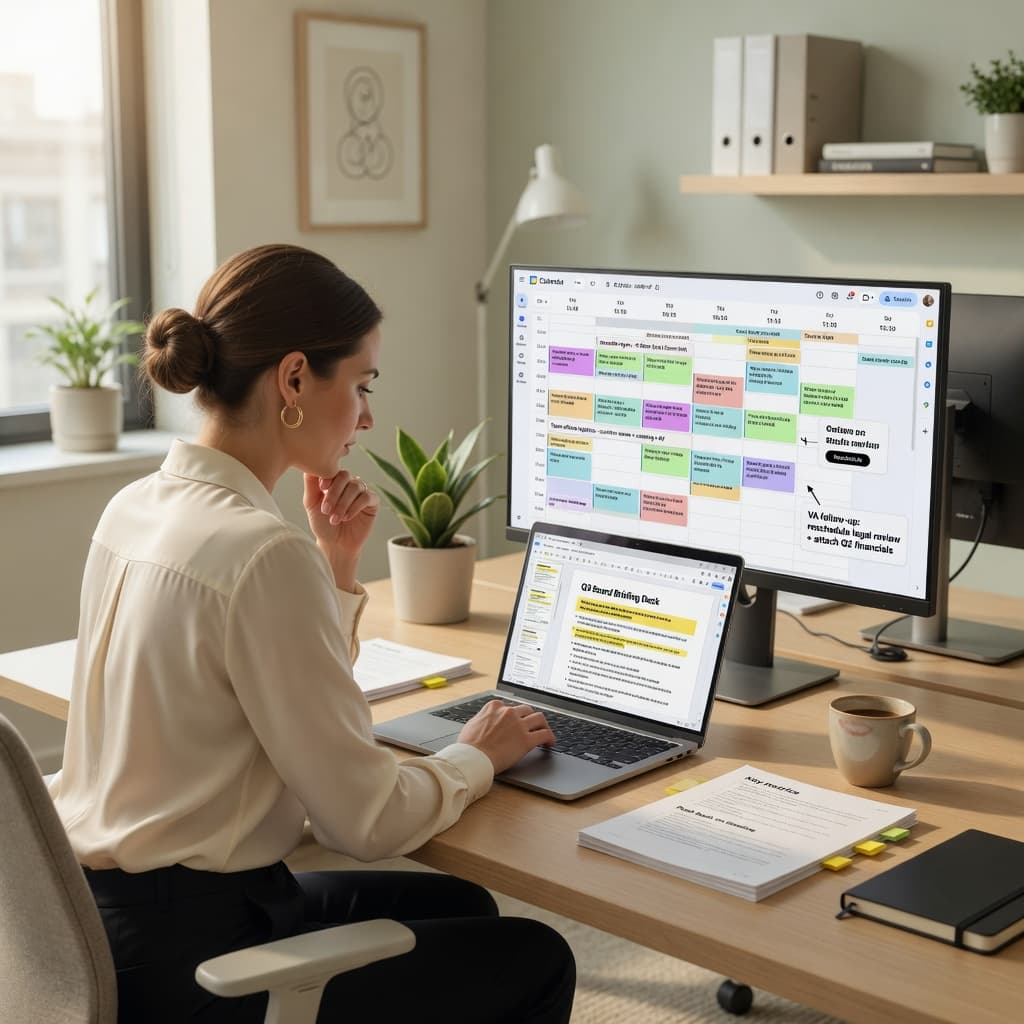 Founder collaborating with executive virtual assistant on scheduling and research tasks