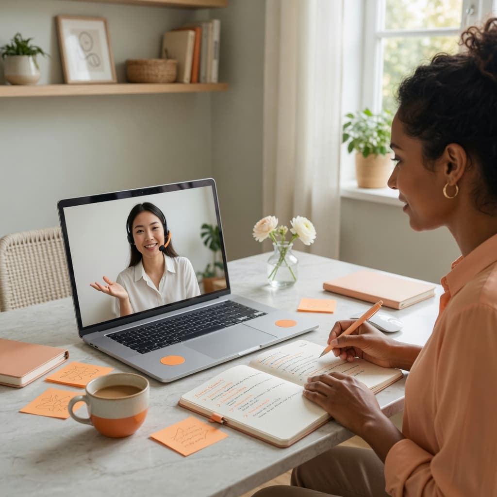 Coach reviewing notes during video call with virtual assistant in home office