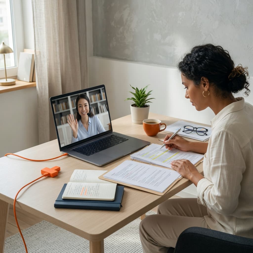 Consultant reviewing work with remote assistant on laptop
